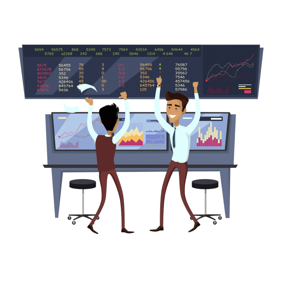 Two men celebrating victory in a trading competition by dancing in front of a large screen displaying trading candlestick charts and financial data.