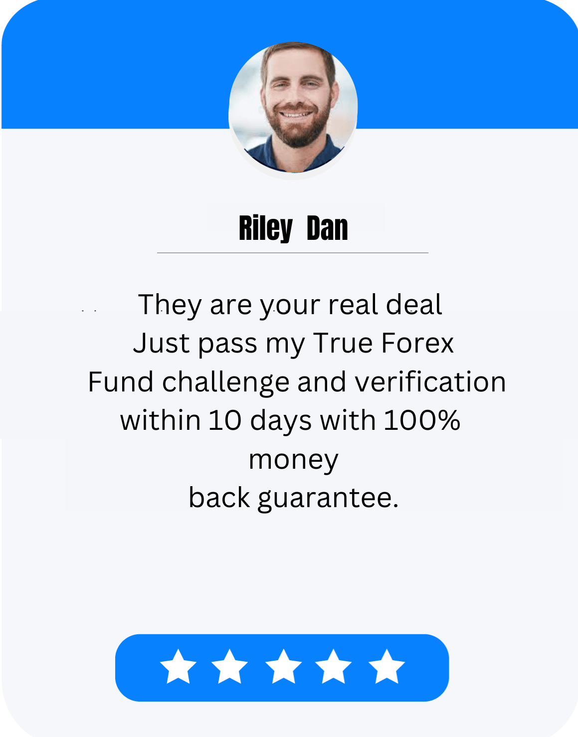 A screenshot of a positive review from a happy client who passed the FTMO challenge